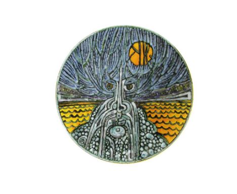 POOLE POTTERY "TREE OF LIFE" STUDIO CHARGER, c.1990, circular form, glazed and painted in polychrome, designed by Tony Morris