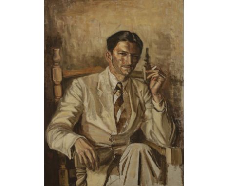 •AGATHA WALKER (1888-1980) A portrait of American poet Lloyd Haberly, seated wearing a cream suit and smoking, oil on canvas,