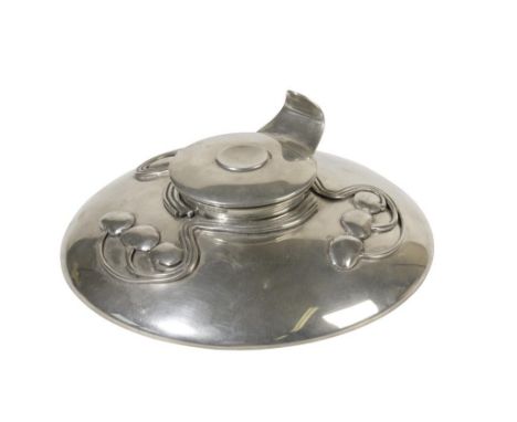 LIBERTY & CO: A "HERITAGE" LIMITED EDITION PEWTER INKWELL, circular form, with stylised decoration, detachable glass liner, d
