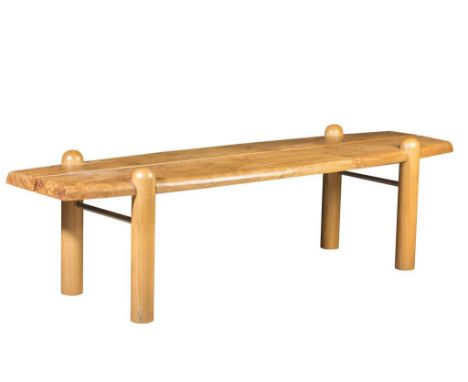 RICHARD WILLIAMS: A LIGHT OAK BENCH, rectangular form on turned cylindrical shaped legs, with steel stretcher, 175cm L x 52cm