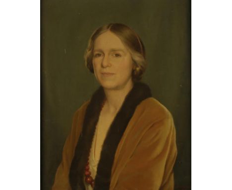 •ARTHUR DAVENPORT FULLER (1889-1966) Portrait of Agatha Walker (1888-1980) wearing a fur lined gown and red bead necklace, si