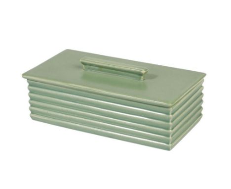 KEITH MURRAY FOR WEDGWOOD: A CERAMIC LIDDED BOX, rectangular form with ribbed and fluted sides, detachable cover, facsimile s