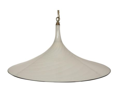 VENINI: A MURANO ART GLASS CEILING LIGHT, tapering circular form, the white glass walls with a black lined border, brass fitt