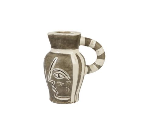 •PABLO PICASSO (1881-1973): A MADOURA " VISAGES ET HIBOU" CERAMIC PITCHER, incised with two profile portraits and an owl, on 