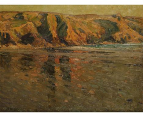 •JAMES EDWARD DUGGINS (1881-1968) 'CLIFFS AND WET SAND, MULLION, CORNWALL' signed lower left, titled verso, oil on canvas, 33