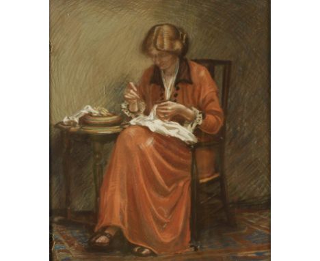 •AGATHA WALKER (1888-1980) Full-length portrait of Lucie Zelie Durnford seated in a chair sewing, c.1912/13, pastel, 34.5cm x