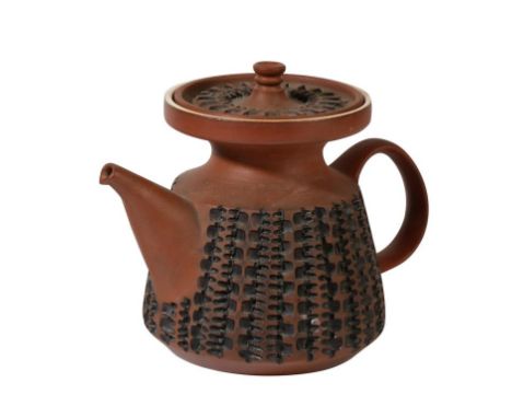 POOLE POTTERY "ATLANTIS" TEAPOT, circular tapering form, flared rim, detachable cover, knop finial, "c" shaped handle, incise