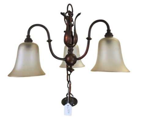 ARTS AND CRAFTS COPPER THREE BRANCH LIGHT FITTING, in the manner of W.A.S Benson, the three scroll branches with fluted frost