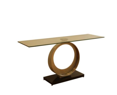 CONTEMPORARY CANADIAN CONSOLE TABLE, the rectangular glass top, above a circular steel column, raised on a rectangular black 