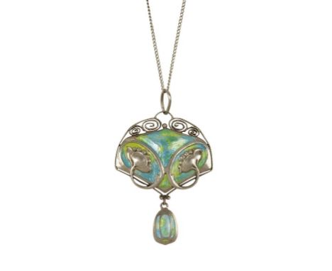 MURRLE BENNETT & CO: AN ARTS AND CRAFTS SILVER AND ENAMEL PENDANT, with enamel drop, the centre with stylised poppy motifs, o