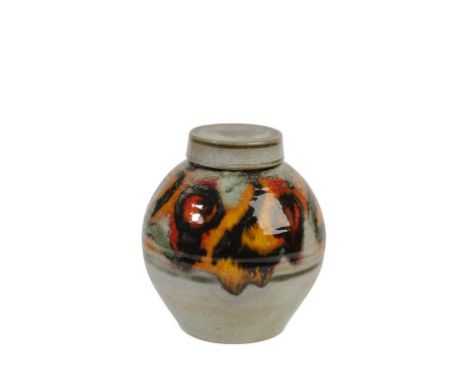 POOLE POTTERY "ATLANTIS" STONEWARE VASE AND COVER, ovoid form, decorated in an abstract design, thrown and designed by Guy Sy