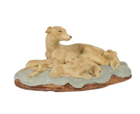 POOLE POTTERY BARBARA LINLEY ADAMS RESIN PROTOTYPE, modelled as a dog and her pups, painted in colours, stamped markings, 22c