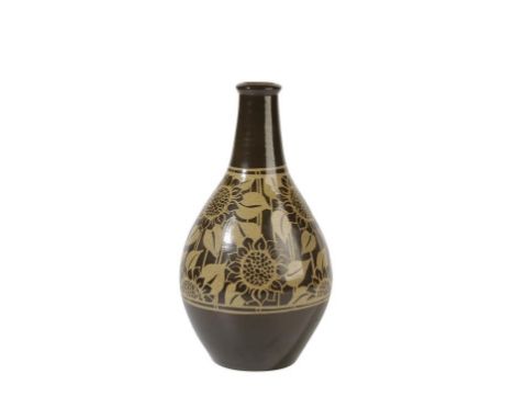 POOLE POTTERY STONEWARE VASE, c.1977, bulbous form, slender neck, decorated with sunflowers and leaves, thrown by Guy Sydenha