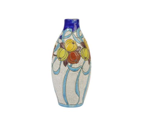 CHARLES CHATTEAU FOR BOCH FRERES: A CERAMIC 'LA LOUVIERE KERAMIS' VASE, oviform, decorated in polychrome with fruit, on a whi