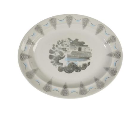 ERIC RAVILIOUS FOR WEDGWOOD: A "TRAVEL" CERAMIC MEAT PLATE, oval form with raised border, transfer decorated with a steam boa