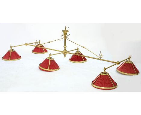 A BRASS BILLIARD TABLE LIGHT OF SIX LAMPS WITH CONICAL PLEATED FABRIC SHADES, APPROXIMATELY 126 X 300CM  Good condition