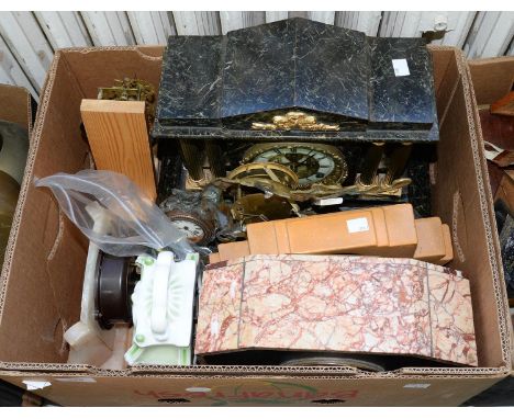 A FRENCH FAUX MARBLE METAL ARCHITECTURAL MANTEL CLOCK, AN ART DECO MARBLE MANTEL CLOCK AND VARIOUS OTHER CLOCKS AND TIMEPIECE