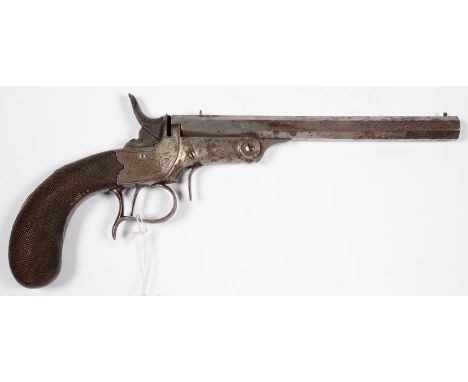 A BELGIAN 9MM RIMFIRE PISTOL, J LECLERCQ BREVETE, LEIGE, NUMBERED 2040, THE OCTAGONAL BARREL ENGRAVED WITH THE RETAILER G W W
