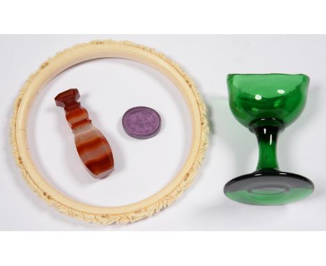 AN OVAL AMETHYST GLASS SEAL, A VICTORIAN BANDED AGATE HAND SEAL, A CANTON CARVED IVORY BANGLE, 10.5CM DIA, 19TH C AND A GREEN