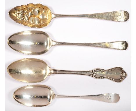 A GEORGE III SILVER TABLE SPOON, FEATHER EDGE PATTERN, CRESTED, MAKER'S MARK OVERSTRUCK ON ANOTHER'S, LONDON 1782 AND THREE O