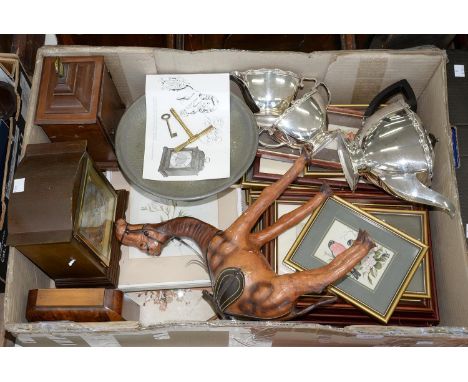 AN EPNS TEA SERVICE, A WALNUT TIMEPIECE AND TWO OTHER MANTEL CLOCKS, PEWTER FRUIT STAND AND VARIOUS FRAMED PRINTS, ETC  Tea s