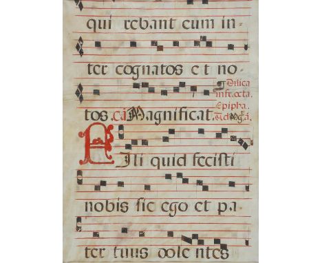 MANUSCRIPT. A 16TH C MISSAL LEAF ON VELLUM, 40 X 29.5CM, FRAMED  Apparently good condition, unexamined out of frame, glass cr