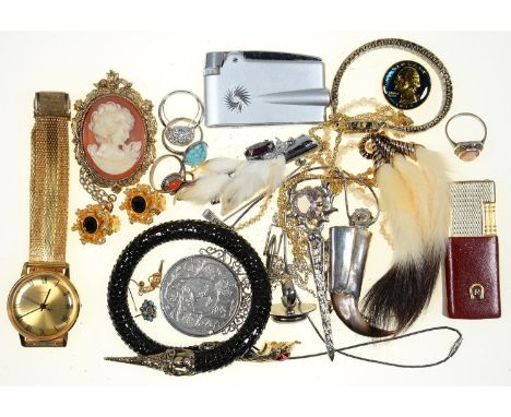 MISCELLANEOUS VINTAGE COSTUME JEWELLERY, TO INCLUDE LADIES AND GENTLEMAN'S WRISTWATCHES, TWO CIGARETTE LIGHTERS, SOUTH AMERIC