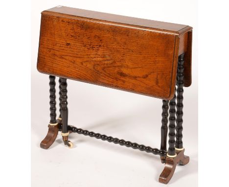 A VICTORIAN OAK SUTHERLAND TABLE ON BOBBIN TURNED LEGS WITH BONE RING, 60CM H; 60 X 60CM  Good condition with old knocks and 