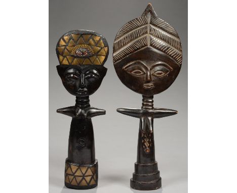 TRIBAL ART. TWO AFRICAN CARVED WOOD DOLLS, ONE INLAID WITH METAL AND BEADS, 45.5CM AND 54CM H AND&nbsp;AN AFRICAN CARVED AND 