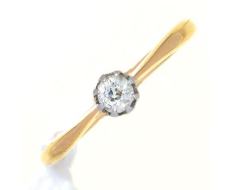 A DIAMOND SOLITAIRE RING, THE OLD CUT DIAMOND WEIGHING APPROXIMATELY 0.10CT, IN GOLD MARKED 18CT, 1.8G, SIZE J  Good conditio