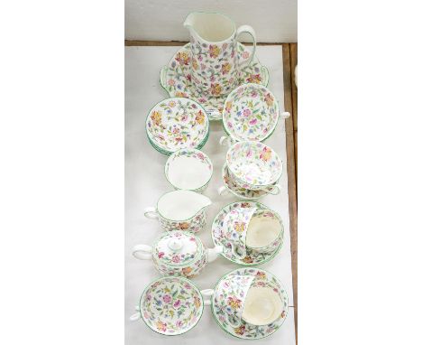 A MINTON BONE CHINA HADDON HALL PATTERN TEA SERVICE, PRINTED MARK  Mostly in good condition