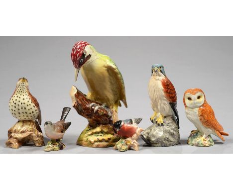 SIX VARIOUS BESWICK BIRDS, INCLUDING KESTREL BENEAGLES WHISKY FLASK, WOODPECKER 22CM H, IMPRESSED OR PRINTED MARKS  Good cond