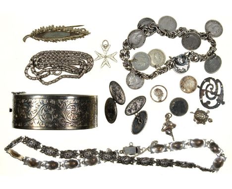 A SILVER BANGLE, 65MM, BIRMINGHAM 1957, A SILVER COIN BRACELET, A MARCASITE NECKLACE, ETC&nbsp;  Some faults but many items i