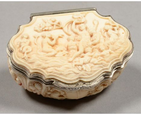 A NORTHERN EUROPEAN IVORY SNUFF BOX OF CARTOUCHE SHAPE, THE LID CARVED WITH MYTHOLOGICAL SCENES, THE FRONT WITH TWO PUTTI,&nb