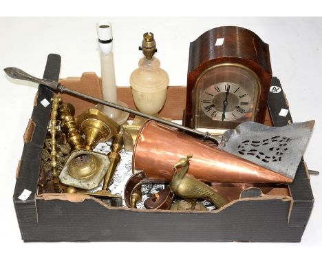 A VICTORIAN COPPER ALE MULLER AND OTHER VICTORIAN AND LATER COPPER AND BRASS WARE, A GERMAN OAK MANTEL CLOCK WITH G. BECKER M