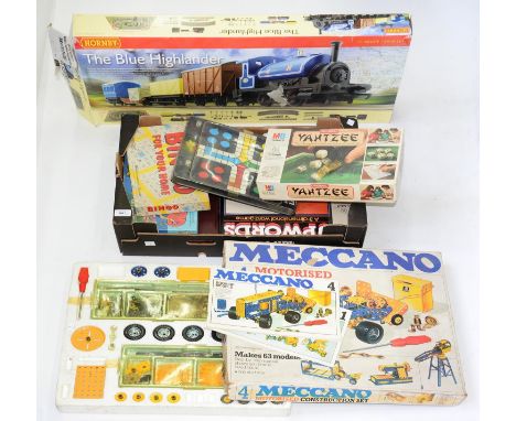 VINTAGE TOYS AND GAMES, INCLUDING BOARD GAMES, MECCANO MOTORISED SET 4, BOXED AND HORNBY BLUE HIGHLANDER TRAIN SET, BOXED  In