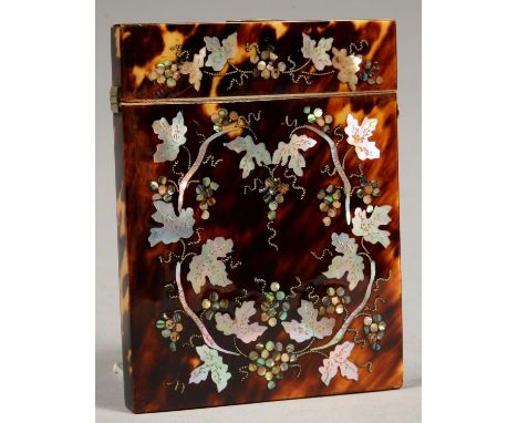 A VICTORIAN TORTOISESHELL CARD CASE, INLAID TO BACK AND FRONT IN ENGRAVED MOTHER OF PEARL WITH GRAPEVINES, 10.5CM H  An attra