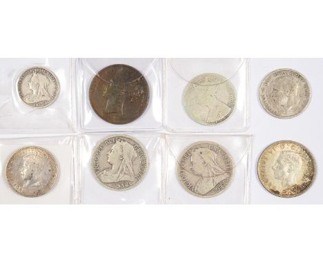 SILVER COINS. THREE VICTORIAN HALF CROWNS, FOUR OTHER SILVER COINS AND BRONZE PENNY 1858, VARIOUS GRADES  