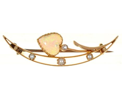 A HEART SHAPED OPAL, DIAMOND AND SPLIT PEARL CRESCENT BROOCH IN GOLD, 39MM L, MARKED 15CT, EARLY 20TH C, 4G  Good condition, 