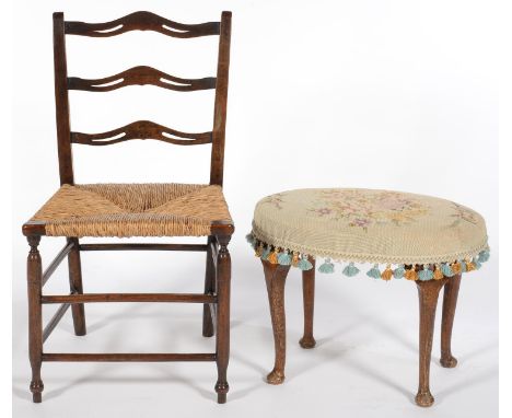 A REGENCY FRUITWOOD AND ASH PIERCED LADDER BACK CHAIR, RUSH SEATED, SEAT HEIGHT 44CM, EARLY 19TH C AND AN OVAL DRESSING STOOL