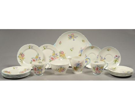 A SHELLEY BONE CHINA WILD FLOWERS PATTERN TEA SERVICE, PLATE 25.5CM OVER HANDLES, PRINTED MARK, PATTERN 13668, SECOND QUARTER