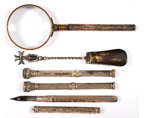 A VICTORIAN SILVER TWO PIECE DIP PEN BY SAMPSON MORDAN &amp; CO, ENGINE TURNED, 11CM L, MAKER'S MARK AND ENGRAVED E BAILEY, C