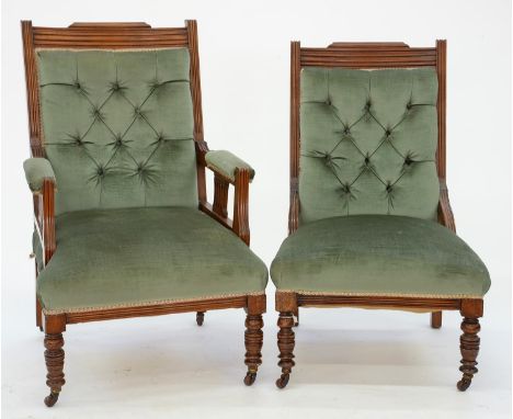 TWO MATCHING EDWARDIAN WALNUT CHAIRS IN BUTTONED GREEN UPHOLSTERY, ON RING TURNED LEGS, SEAT HEIGHT 37CM  Good condition, uph