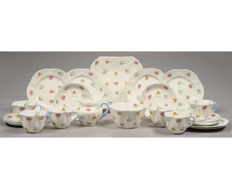 A SHELLEY BONE CHINA TEA SERVICE, DECORATED WITH PANSIES, ROSES, FORGET-ME-NOTS, SQUARE PLATE 24CM L, PRINTED MARK, PATTERN 1