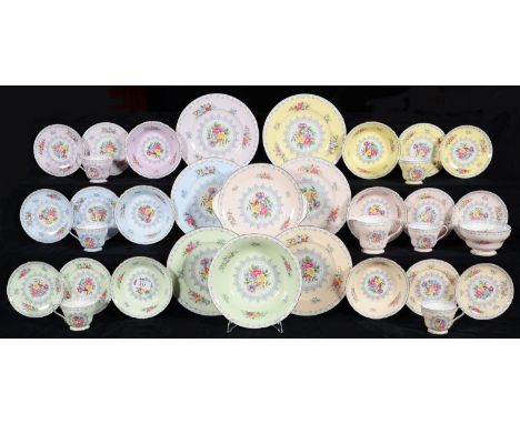 A RARE SHELLEY HARLEQUIN&nbsp;CROCHET PATTERN TEA AND DINNER SERVICE, COMPRISING SIX COLOURS, LARGEST BOWL 23CM DIA, PRINTED 