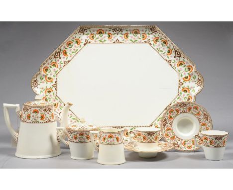 A WILLIAM BROWNFIELD AND SONS CABARET SET, DECORATED WITH STYLISED FLORAL BORDERS AND SEPIA AND GILT CHAIN RIM, COMPRISING TW