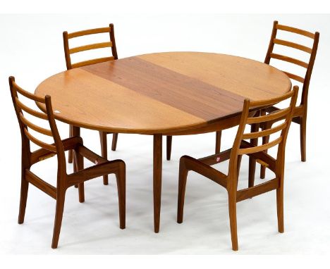 A G PLAN TEAK DINING TABLE AND SET OF FOUR LADDER BACK CHAIRS (SOLD WITHOUT SEATS), TABLE 73CM H; 122 X 167CM, C1970  Good co