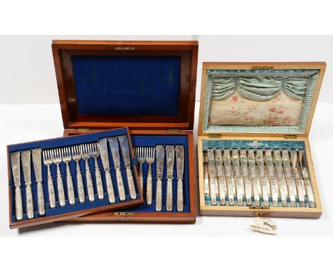 A SET OF TWELVE VICTORIAN MOTHER OF PEARL HAFTED EPNS DESSERT KNIVES AND FORKS IN PLUSH LINED WALNUT CASE, LATE 19TH C AND A 