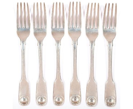 A SET OF SIX GEORGE IV SILVER DESSERT FORKS, FIDDLE AND SHELL PATTERN, BY GEORGE PIERCY, LONDON 1823, 8OZS 17DWTS  Light wear