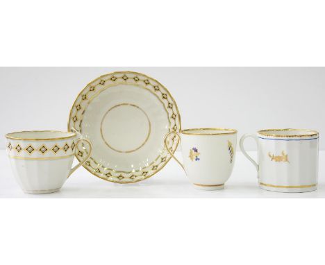 A DERBY FLUTED TEACUP AND SAUCER WITH BLACK AND GILT PEARL BORDER AND A CONTEMPORARY DERBY FLUTED BLUE AND GILT COFFEE CAN AN